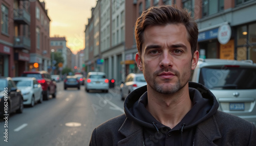 Man in hoodie on urban street at sunset