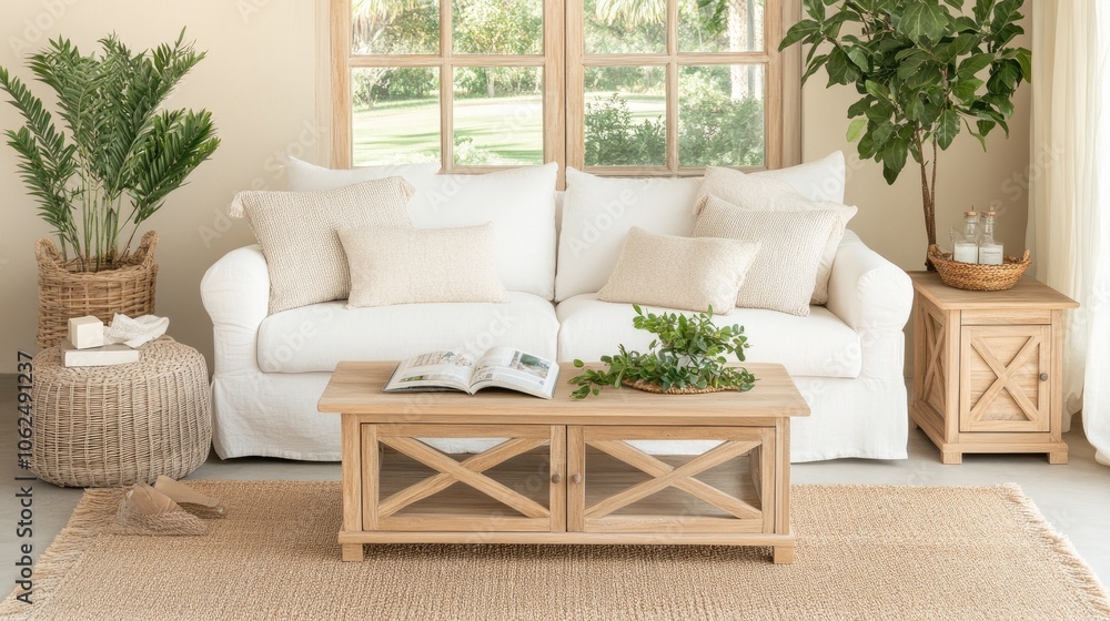Stylish Nordic living room showcases a beige sofa, wooden furnishings, and plants enhancing the inviting atmosphere of the space Stylish Nordic living room showcases a beige sofa, wooden furnishings, and plants enhancing the inviting atmosphere of the space