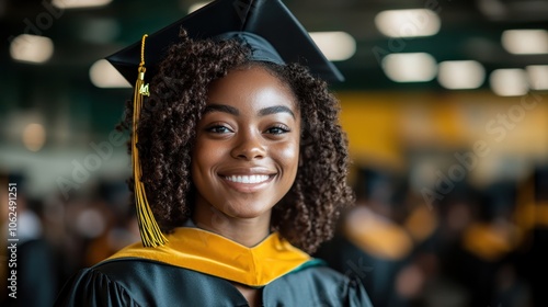 A graduate in a cap and gown grins widely at the camera, set against the backdrop of a bustling graduation ceremony filled with other similarly dressed students.