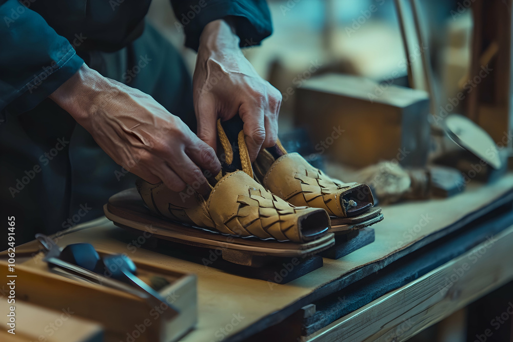 Skilled craftsman creating traditional Japanese footwear High quality Skilled craftsman creating traditional Japanese footwear High quality