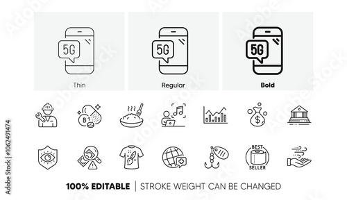 Toilet paper, Porridge and Wind energy line icons. Pack of Court building, 5g phone, Money bag icon. Thiamine vitamin, Infochart, Fraud pictogram. Repairman, Fishing lure, Music. Line icons. Vector