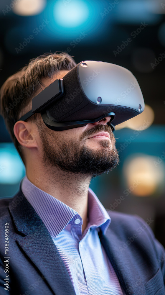 man wearing virtual reality goggles, immersed in digital experience, showcasing technology and innovation in modern setting man wearing virtual reality goggles, immersed in digital experience, showcasing technology and innovation in modern setting