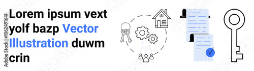 Key, gears, house, partnership, document, keyhole. Ideal for real estate, business, legal contracts, property management, financial services team collaboration and corporate landing page