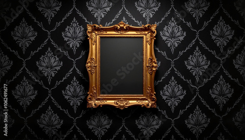 Golden ornate frame on dark floral wallpaper