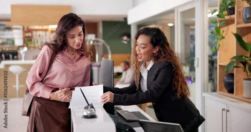 Women, customer and hotel receptionist with explaining for paperwork, agreement and contract. People, employee and client with document at help desk for hospitality, accommodation and reservation Women, customer and hotel receptionist with explaining for paperwork, agreement and contract. People, employee and client with document at help desk for hospitality, accommodation and reservation