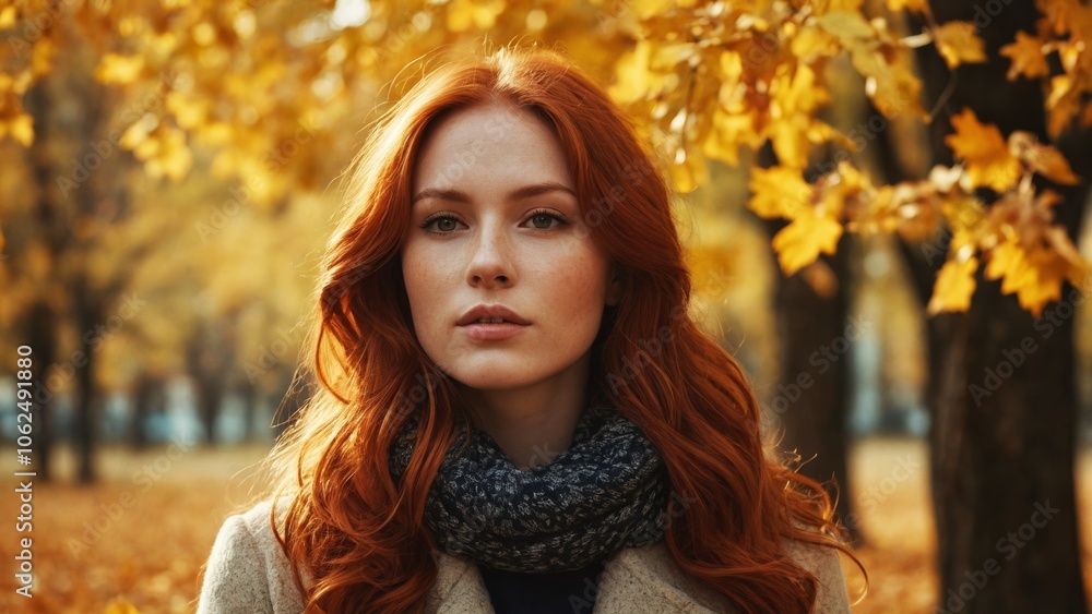 A serene autumn moment featuring a young woman surrounded by vibrant fall leaves in a park A serene autumn moment featuring a young woman surrounded by vibrant fall leaves in a park