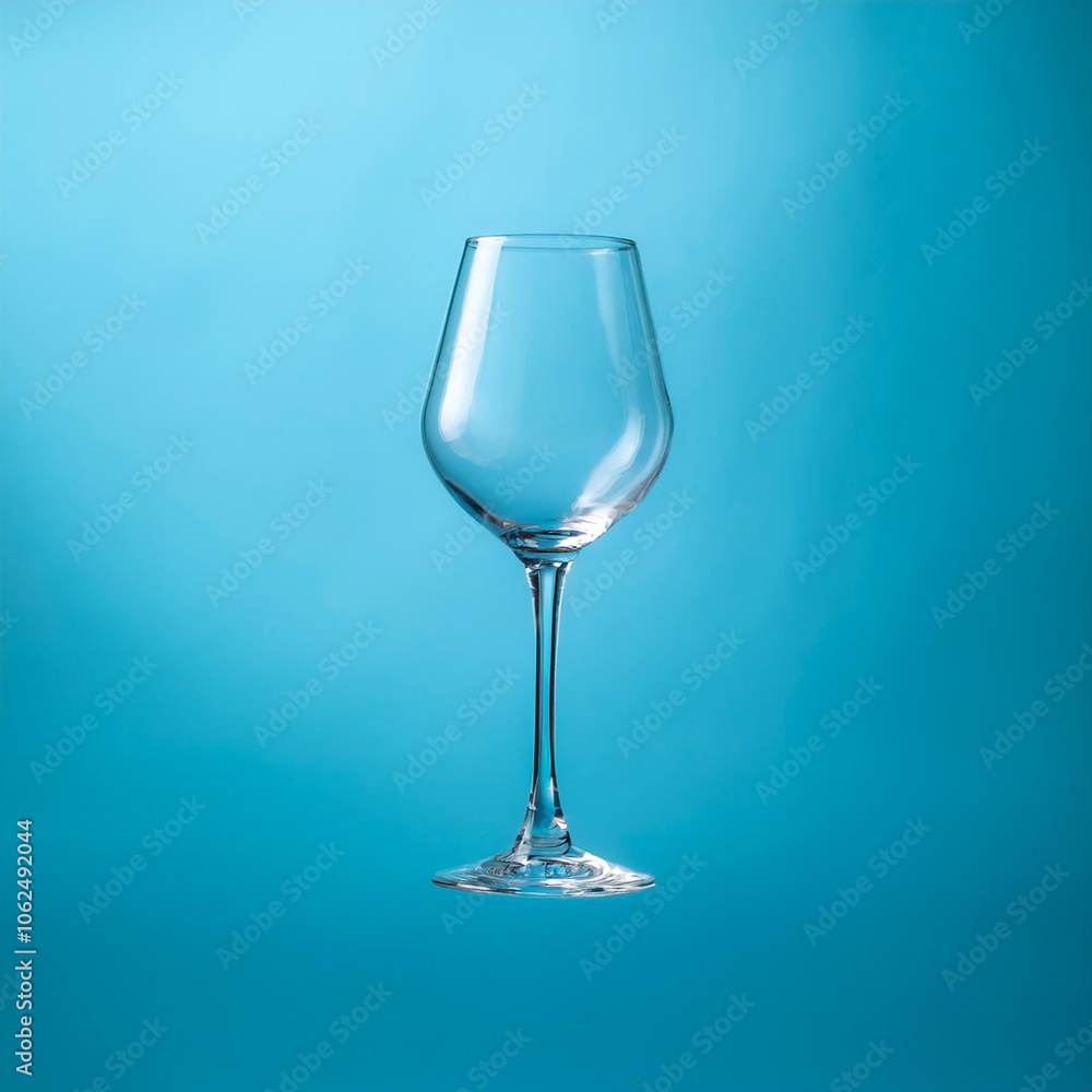 Empty wine glass floating or flying isolated on light blue background