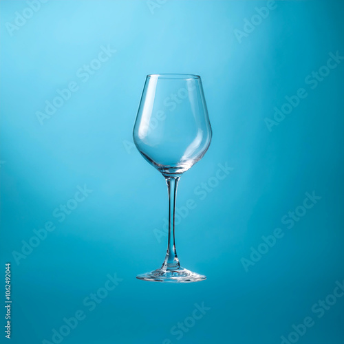 Empty wine glass floating or flying isolated on light blue background