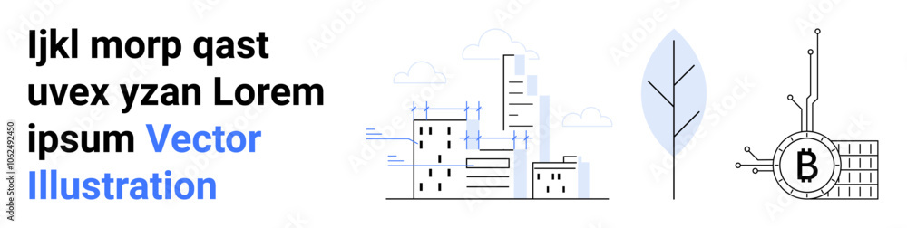Skyscrapers with clouds, eco-friendly leaf, and cryptocurrency symbol in a tech-inspired layout. Ideal for urban development, eco-friendly projects, digital finance, tech startups, smart cities Skyscrapers with clouds, eco-friendly leaf, and cryptocurrency symbol in a tech-inspired layout. Ideal for urban development, eco-friendly projects, digital finance, tech startups, smart cities