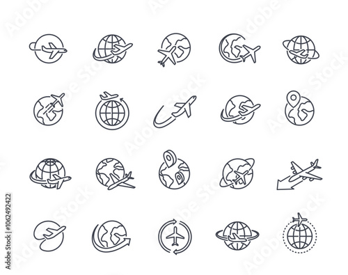 A set of vector icons featuring globe and airplane themes. The designs represent travel, global connectivity, and navigation. Minimalist, outlined style suitable for travel-related projects or apps