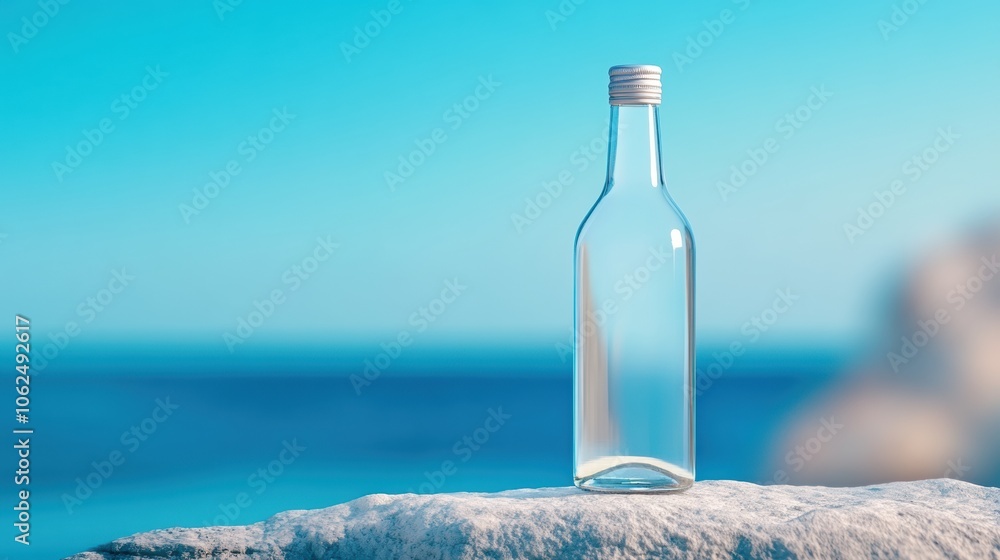 Clear glass bottle on a sunlit rock by the sea, with a serene blue sky backdrop, AI Clear glass bottle on a sunlit rock by the sea, with a serene blue sky backdrop, AI
