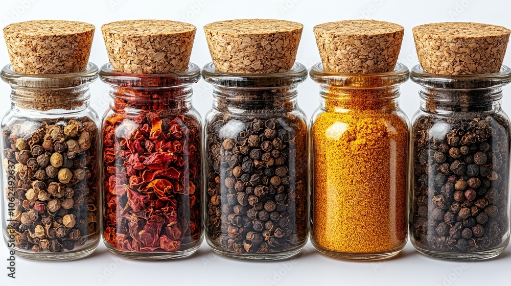 A collection of colorful spices in glass jars A collection of colorful spices in glass jars