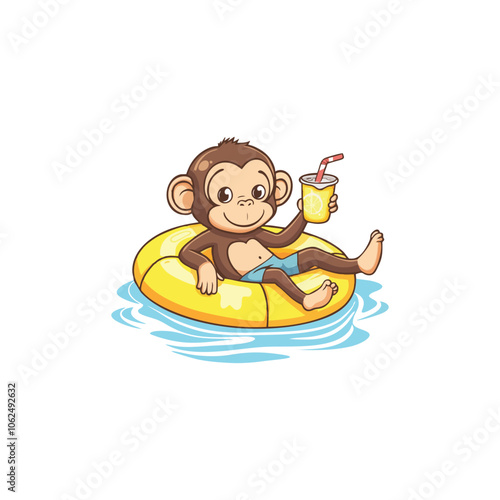 Illustration of Relaxing Monkey on a Float with Lemonade on a Sunny Day