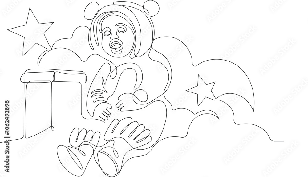 Outlined Cute Santa Claus Cartoon Character With A Sack Full Of Gifts. Vector Hand Drawn Illustration. One continuous line drawing Santa Claus on reindeer and sled. concept for Christmas and New Year Outlined Cute Santa Claus Cartoon Character With A Sack Full Of Gifts. Vector Hand Drawn Illustration. One continuous line drawing Santa Claus on reindeer and sled. concept for Christmas and New Year