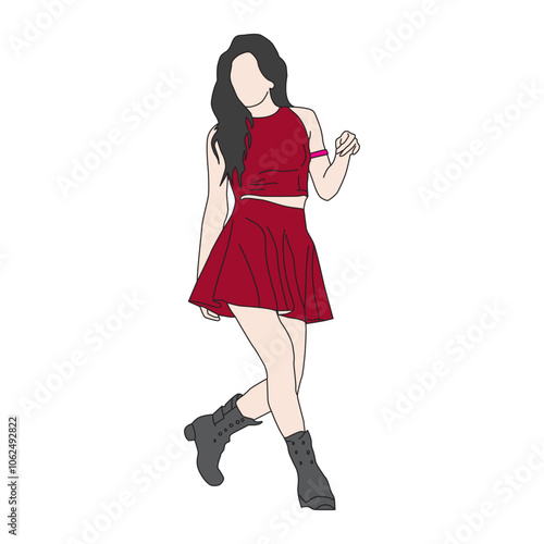 vector illustration of girl singing and dancing in red dress, illustration of Korean kpop style woman