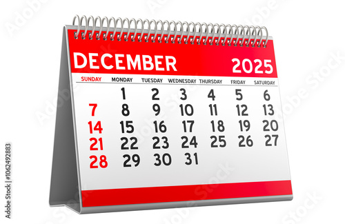 December 2025 Desk Calendar, 3D rendering isolated on transparent background