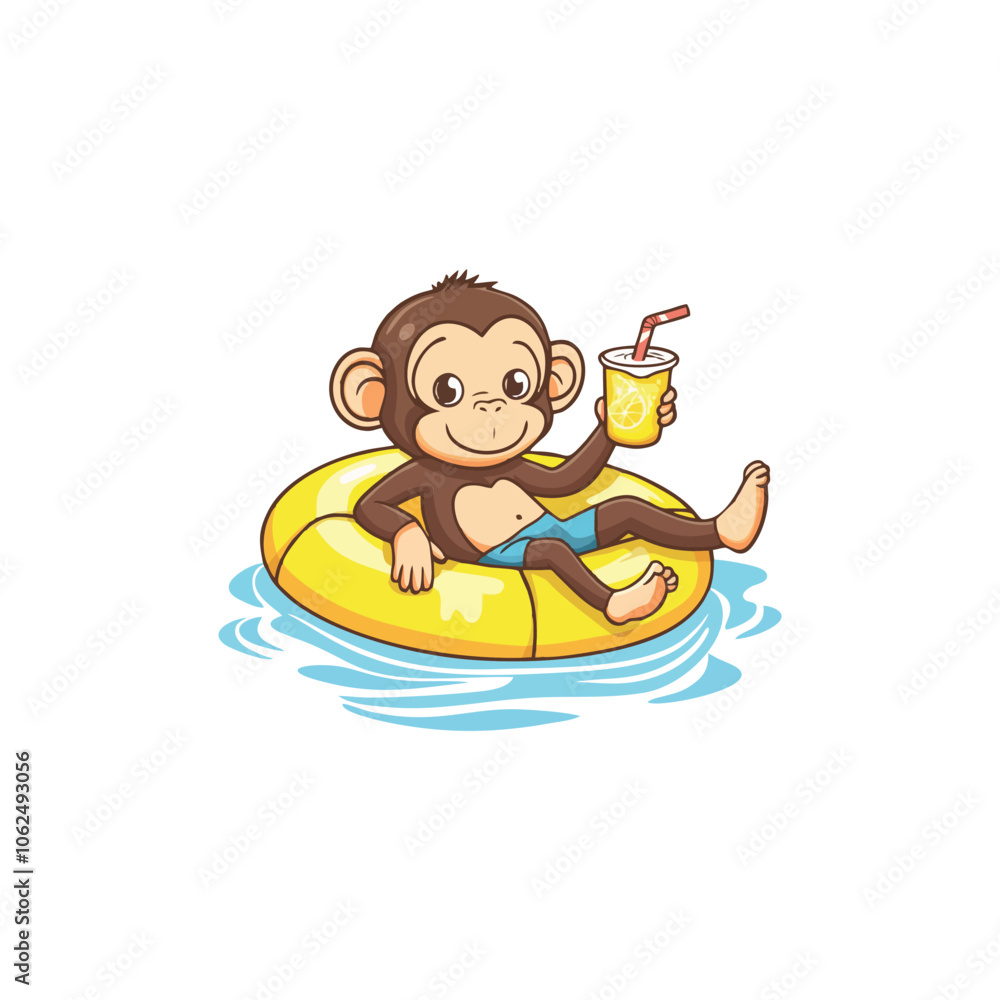 Naklejka premium Cheerful Cartoon Monkey Relaxing on Yellow Floater with a Cool Lemon Drink in Hand