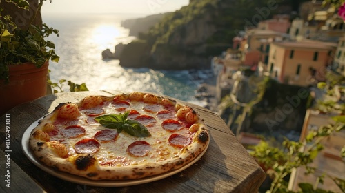 Delicious neapolitan pizza with pepperoni and mozzarella amidst southern italy s coastal beauty photo