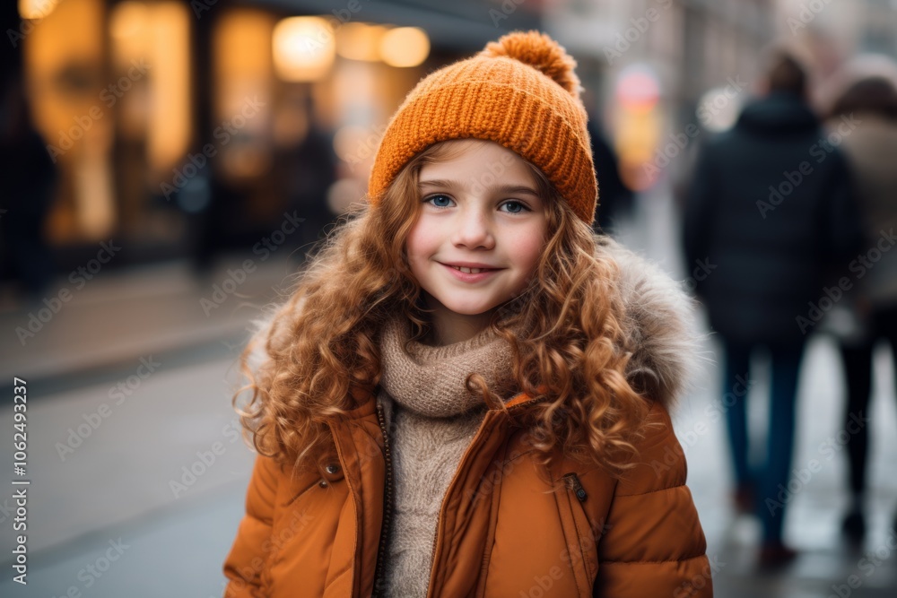 Portrait of a beautiful little girl with long curly hair in an orange jacket and a hat. Portrait of a beautiful little girl with long curly hair in an orange jacket and a hat.