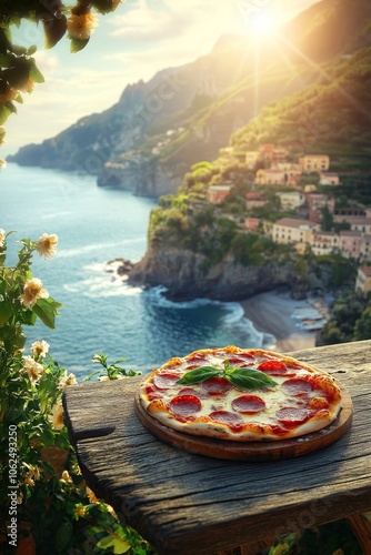 Fototapeta Naklejka Na Ścianę i Meble -  Authentic neapolitan pizza with pepperoni and mozzarella amidst southern italy s coastal charm