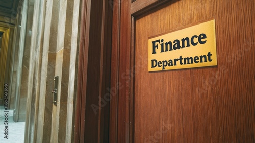 A close-up of a wooden door with a gold sign that reads "Finance Department."