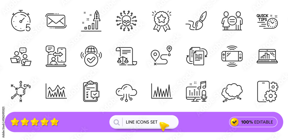 Chemical formula, Bureaucracy and Timer line icons for web app. Pack of Phone service, Journey, Equality pictogram icons. Investment, Brush, Phone timing signs. Graph laptop. Search bar. Vector Chemical formula, Bureaucracy and Timer line icons for web app. Pack of Phone service, Journey, Equality pictogram icons. Investment, Brush, Phone timing signs. Graph laptop. Search bar. Vector