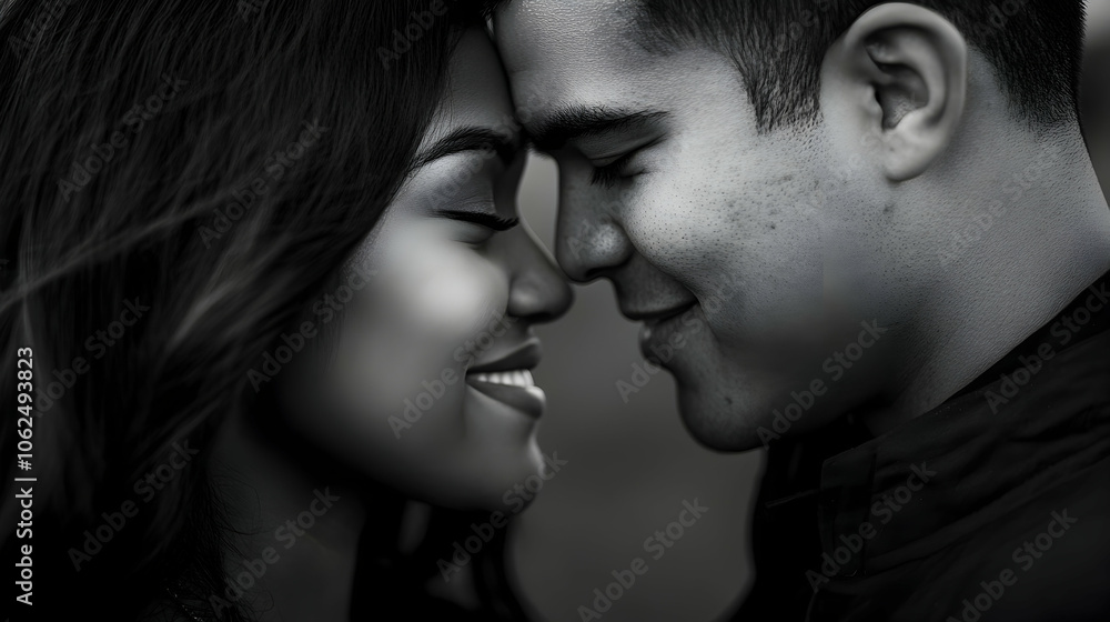 Close-up of a couple with foreheads touching and gentle smiles . illustration Close-up of a couple with foreheads touching and gentle smiles . illustration