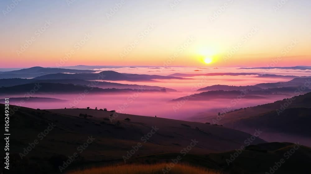Rising sun illuminates foggy hills, creating a stunning landscape filled with natural beauty and tranquil morning light Rising sun illuminates foggy hills, creating a stunning landscape filled with natural beauty and tranquil morning light
