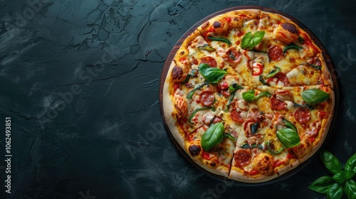 An elegant presentation of premium pizza on a dark, moody board. photo