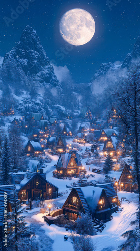 vertical image of a snowy village at night with glowing Christmas lights and a full moon in the sky, suitable for mobile phone