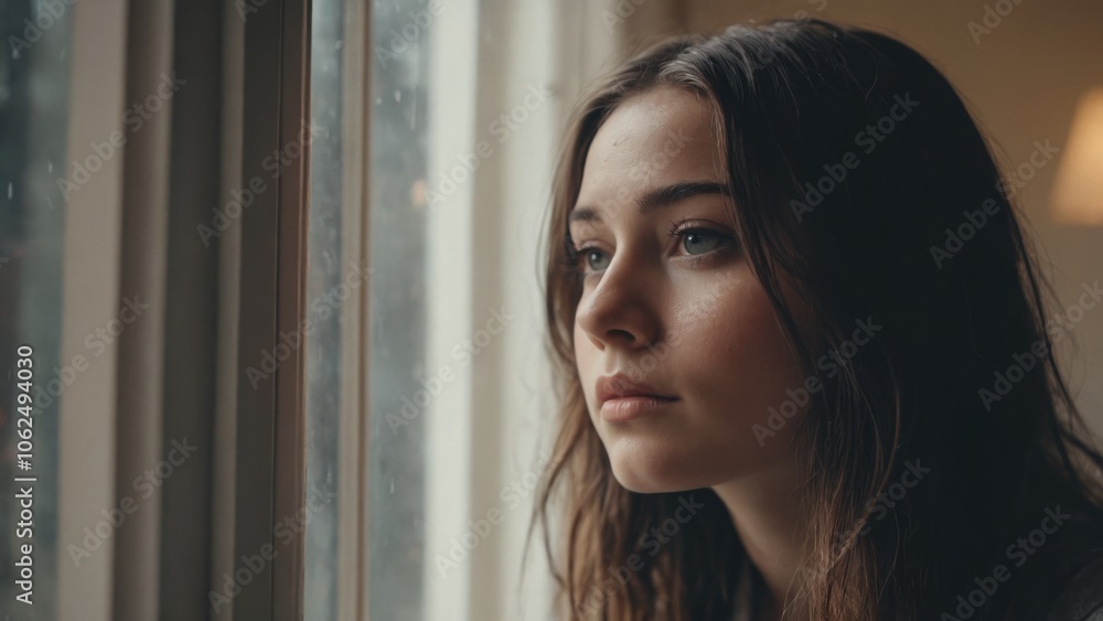 A contemplative moment by the window during a rainy afternoon in a cozy setting A contemplative moment by the window during a rainy afternoon in a cozy setting