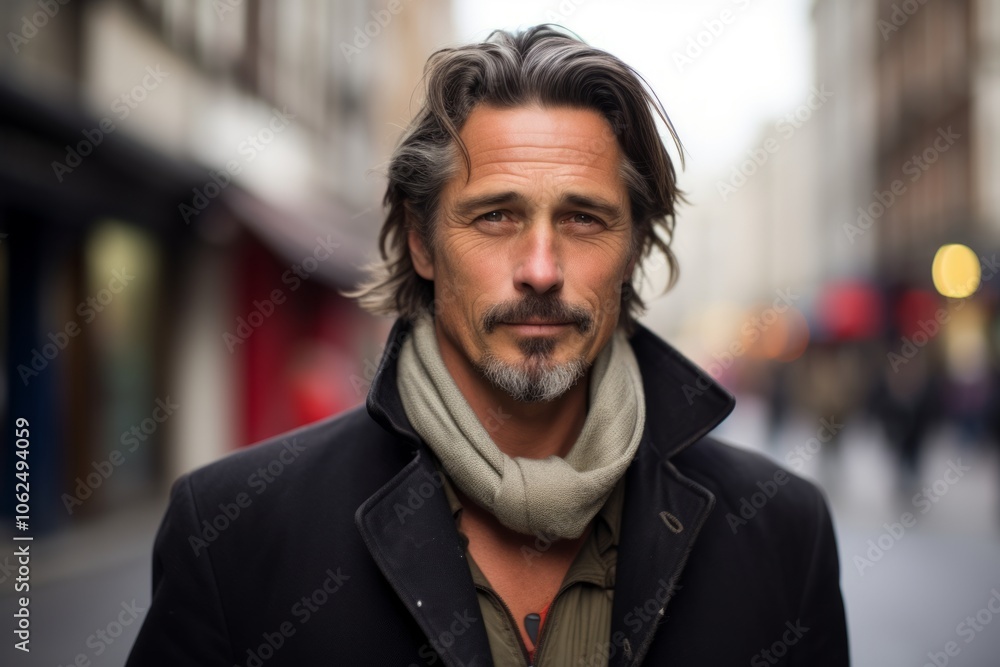 Portrait of a middle-aged man with a grey scarf in the city Portrait of a middle-aged man with a grey scarf in the city