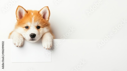 Fluffy Akita in the lower left, leaning on a small white text box with a cozy white background, ideal for placing big text. 