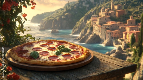 Delicious pasta with pepperoni and mozzarella surrounded by southern italy s coastal beauty photo