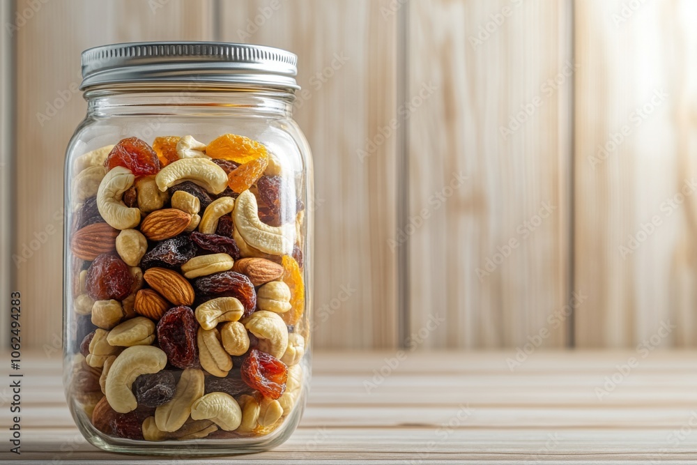 A clear glass jar filled with a variety of nuts and dried fruits, such as cashews, almonds, and raisins, placed on a wooden surface; perfect for healthy snacking. A clear glass jar filled with a variety of nuts and dried fruits, such as cashews, almonds, and raisins, placed on a wooden surface; perfect for healthy snacking.