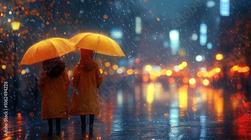 Wallpaper Mural Two figures with umbrellas in a rainy city, warm glowing lights reflect off wet pavement, creating a cozy yet melancholic urban evening atmosphere under the drizzle. Torontodigital.ca