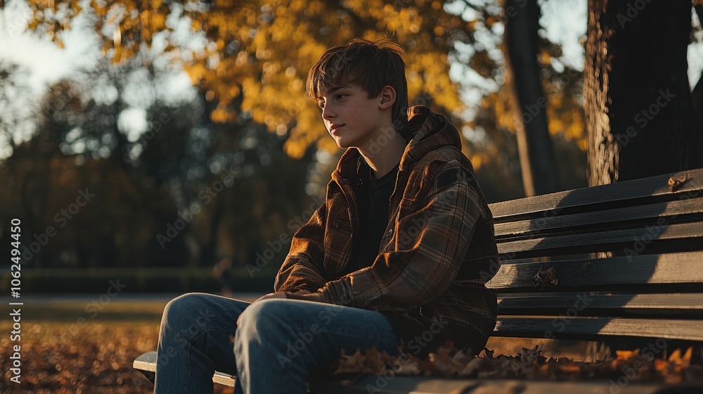 Fototapeta premium a teenager sitting on a park bench, autumn leaves scattered around, looking relaxed, warm afternoon light, background with trees