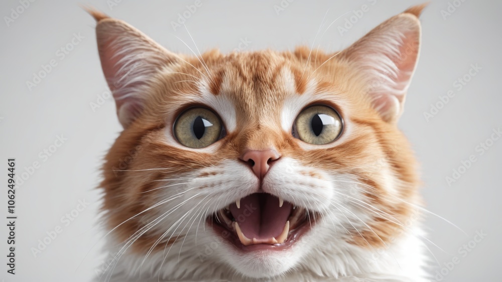 A playful orange cat with an expressive face poses joyfully against a neutral background A playful orange cat with an expressive face poses joyfully against a neutral background