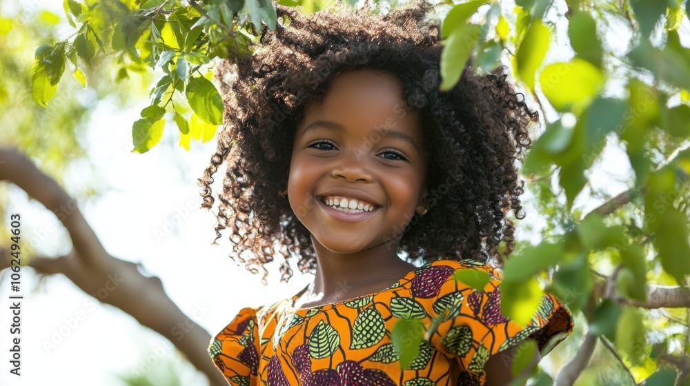 an African girl with traditional clothing and curly hair, looking joyfully at the camera while standing in a simple rural environment, with soft daylight filtering through nearby trees an African girl with traditional clothing and curly hair, looking joyfully at the camera while standing in a simple rural environment, with soft daylight filtering through nearby trees