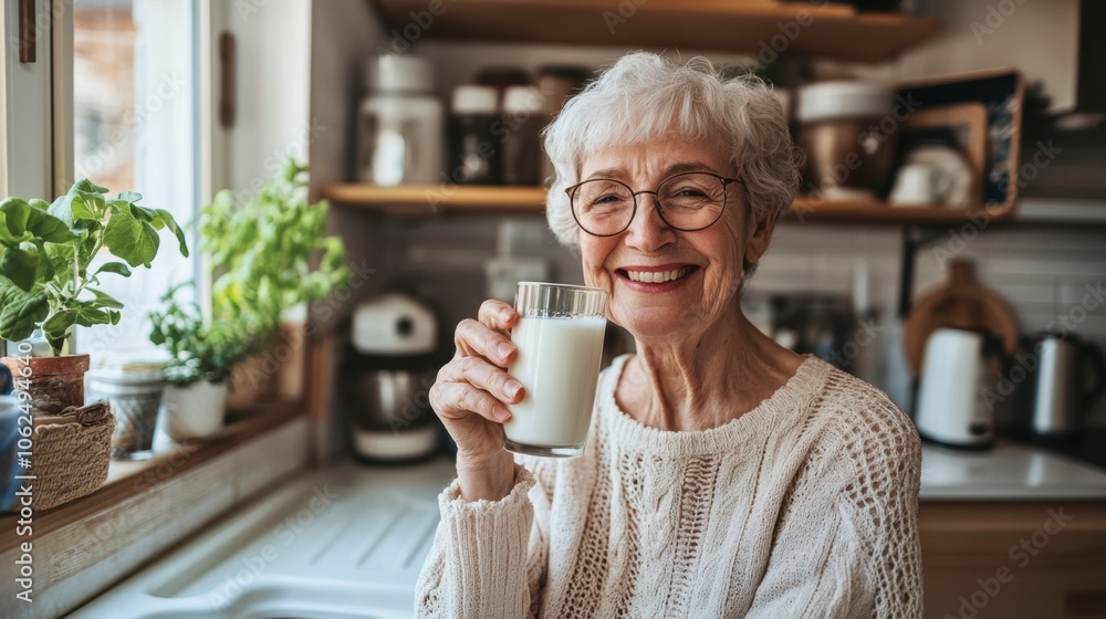 Smiling senior woman enjoying a glass of milk in a sunlit minimalist kitchen, simple composition with minimal distractions. Smiling senior woman enjoying a glass of milk in a sunlit minimalist kitchen, simple composition with minimal distractions.