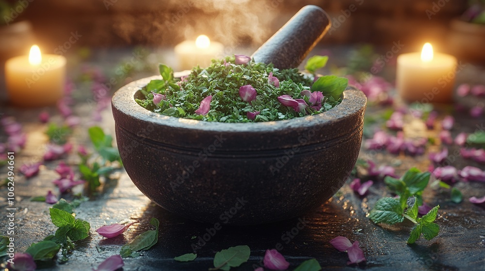 A close-up of crushed herbs in a mortar and pestle A close-up of crushed herbs in a mortar and pestle