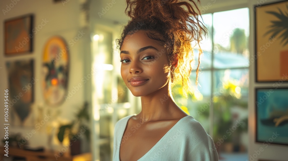 A woman stands in a sunlit room, surrounded by art, exuding a serene and calm vibe. The ambiance reflects warmth and tranquility in a creative environment. A woman stands in a sunlit room, surrounded by art, exuding a serene and calm vibe. The ambiance reflects warmth and tranquility in a creative environment.