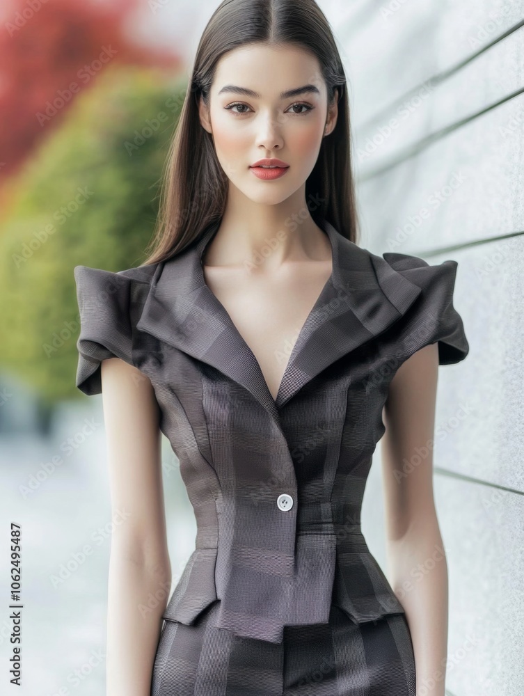 A sophisticated woman poses confidently in stylish dark attire, merging modern fashion with natural elegance, against a softly focused outdoor backdrop. A sophisticated woman poses confidently in stylish dark attire, merging modern fashion with natural elegance, against a softly focused outdoor backdrop.