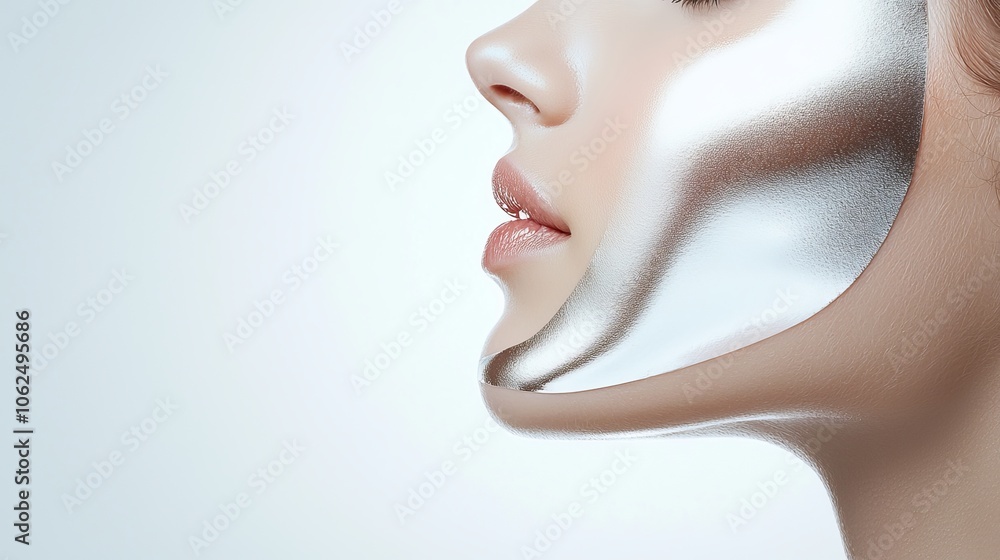 Elegant facial close-up, silver skin-lifting lines enhancing the contours of her cheeks and forehead, a soft glow of relaxation Elegant facial close-up, silver skin-lifting lines enhancing the contours of her cheeks and forehead, a soft glow of relaxation