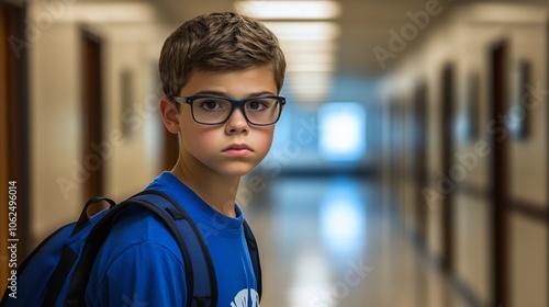 Focused young boy in blue shirt and glasses with backpack stands in empty school hallway, displaying a contemplative and introspective mood in natural lighting. photo