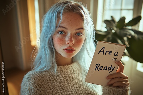 A young girl with blue hair and freckles holds a notebook displaying the text 'Are u Ready.' She stands indoors in soft lighting beside a plant, capturing a thoughtful mood.