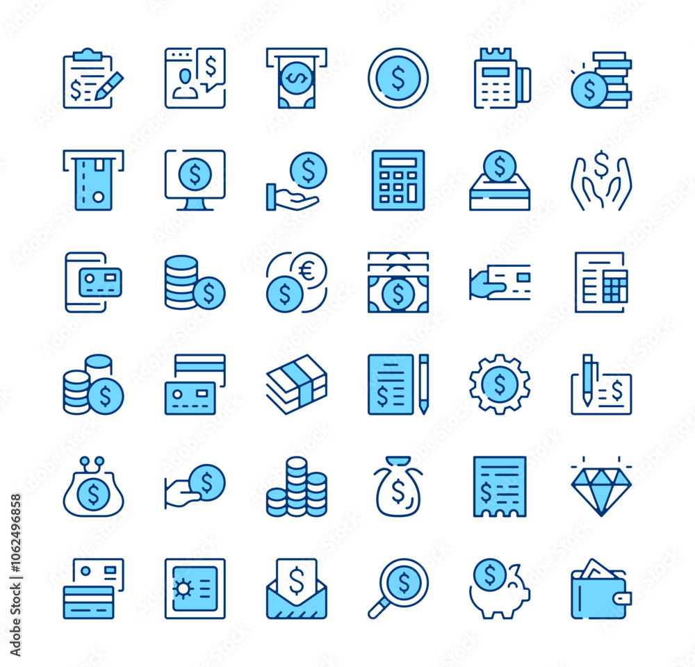 Money icons. Outline symbols. Vector blue line icons set Money icons. Outline symbols. Vector blue line icons set