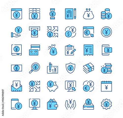 Yen icons. Outline symbols. Vector blue line icons set