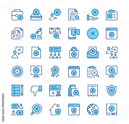 X mark icons. Outline symbols. Vector blue line icons set