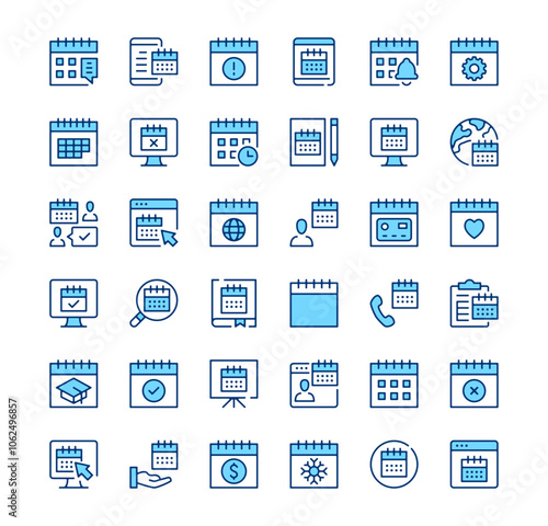 Calendar icons. Outline symbols. Vector blue line icons set